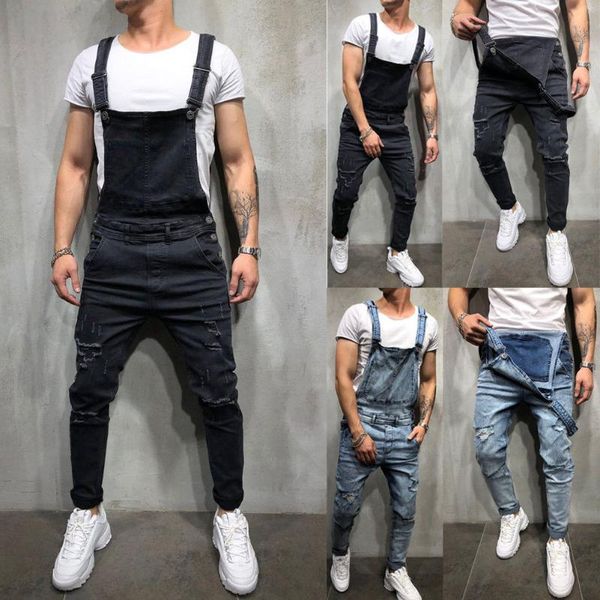 

oversize street suspender denim summer men's shorts ripped jeans overalls bib man distressed hi pants jumpsuits for fashion, Black