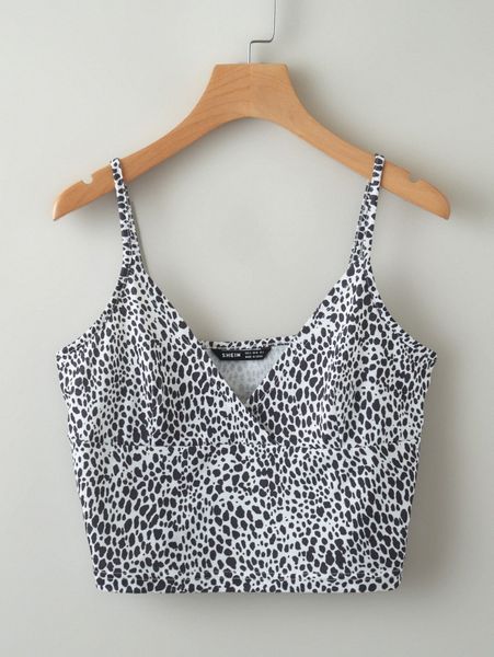 

allover print surplice front crop cami b5v2#, White