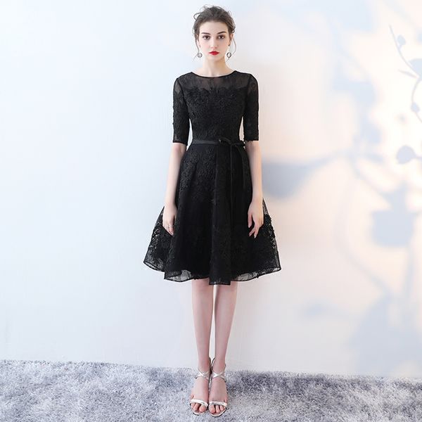 

robe de soiree black o-neck lace short evening dress vestido de festa prom dresses party dress tailor custom made, Black;red