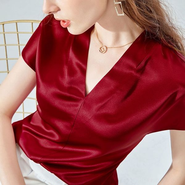

satin 2020 summer new women's dress dress dressdresselegant silky versatile v-neck collarbone fashion short sleeve t-shirt fqfv, White