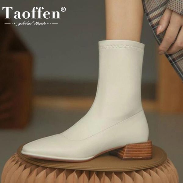 

taoffen женщины ботинки мода кожаная молния толстый каблук зимняя обувь женщина теплая короткая загрузка случайные ежедневные обувь размер 3, Black