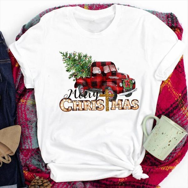 

merry christmas sled print t shirt women short sleeve o neck loose tshirt summer women tee shirt camisetas mujer, White