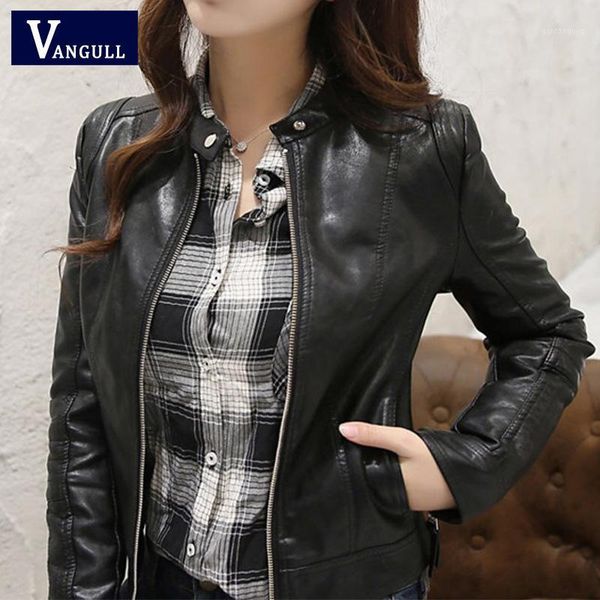 

vangull motorcycle pu leather jacket women autumn slim european style casual short outwear biker basic 2020 new streetwear coat1, Black
