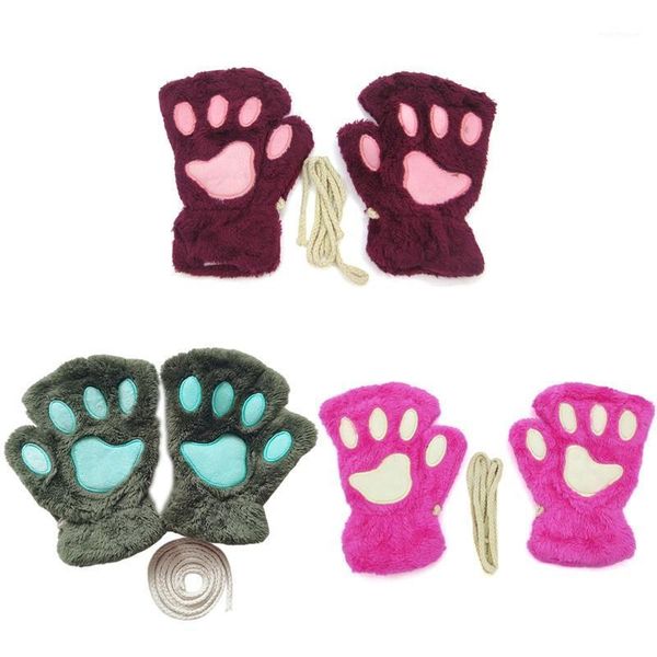 

1pair women girls lovely winter warm fingerless gloves fluffy bear cat plush claw half finger gloves mitten new1, Blue;gray