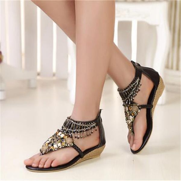 

2021 new 34-42 summer women's sandals fashion bohemia ladies clip toe flip flops ethnic style crystal cord low heels beach shoes cxwl, Black