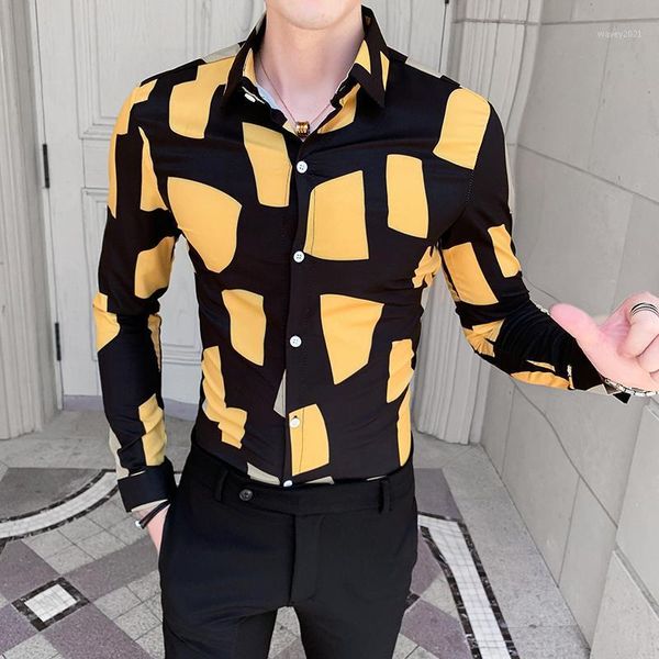 

men's casual shirts fashion 2021 spring long sleeve men simple big cube pattern slim fit streetwear tuxedo dress blouse homme 3xl1, White;black