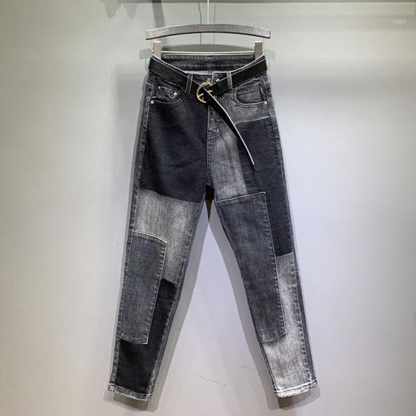 

ewq] 2020 autumn women new fashion stitching color full length jeans women loose cross-pants tide denim ladies trousers qb2391, Blue