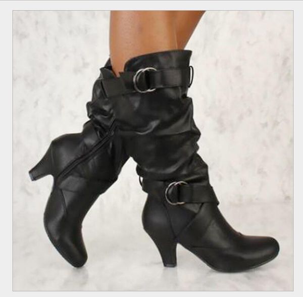 

boots 2021 autumn/winter style 34-43 large belt buckle medium heel rider pu high boots1, Black