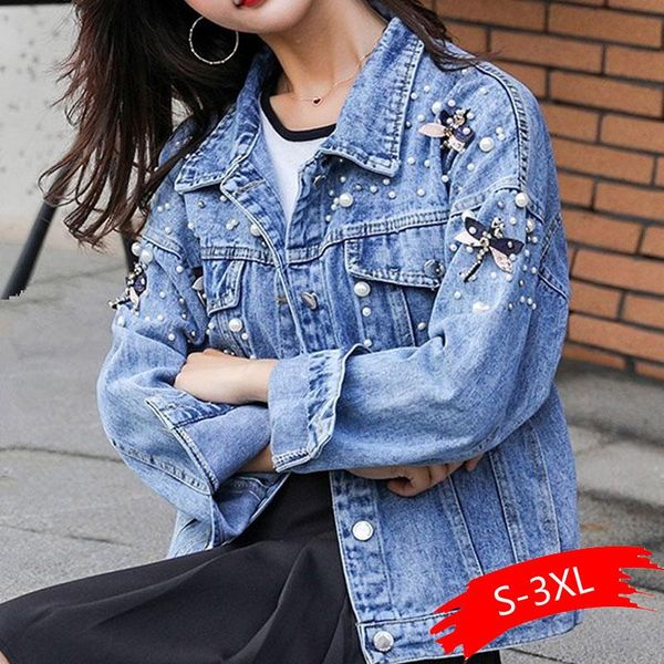 

plus size 3xl pearl beading short denim jackets women blue wash long sleeve vintage casual jean jacket bomber denim coat, Black;brown