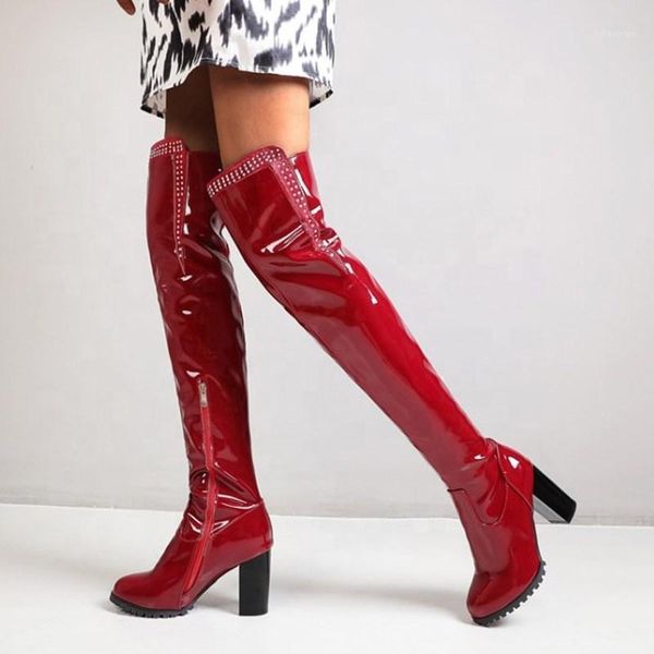 

rhinestone fashion solid patent leather upper women boots chunky high heel thigh high booties side zipper over knee boots1, Black