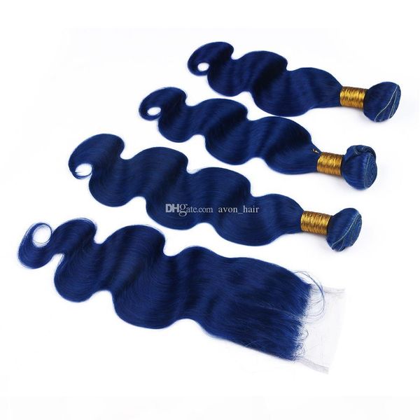

part body wave blue color closure pieces with hair extensions 4pcs lot dark blue color human hair 3bundles with lace closure 4x4, Black;brown