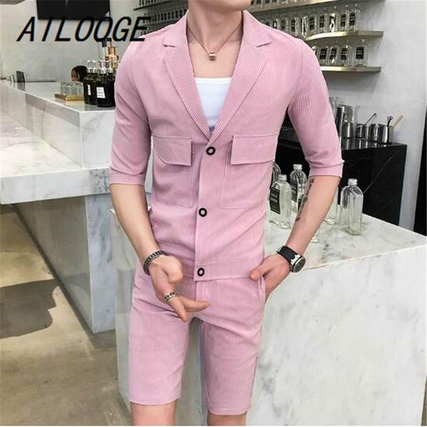 

ailooge 3 colors 2pc set shirt and shorts pink grey black small stripe men set summer shirt pocket deep v shirt+short1, Gray