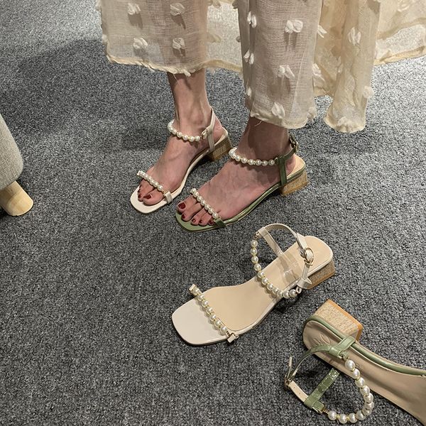 

women's shoes sandals 2019 new summer flash diamond pearl open toe thick heel shoes, Black