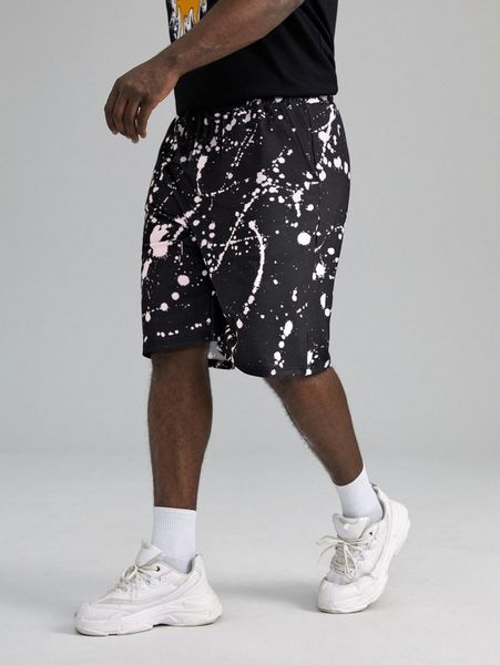 

extended sizes men splash ink print drawstring waist shorts h4oi#, Black