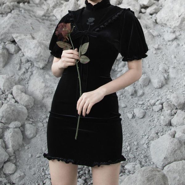 

new harajuku gothic girl dark black rose embroidery velvet lantern sleeve slim cheongsam party mini dresses, White;black