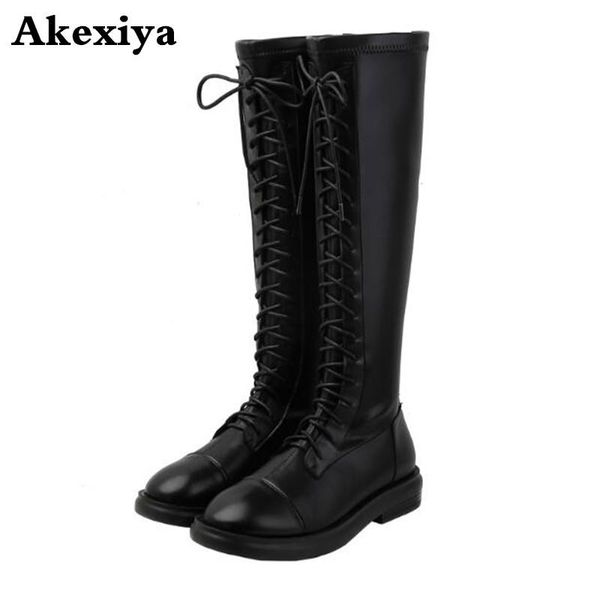 

2020 genuine leather +flock knee high boots women lace up zip autumn winter boots woman square heels shoes, Black