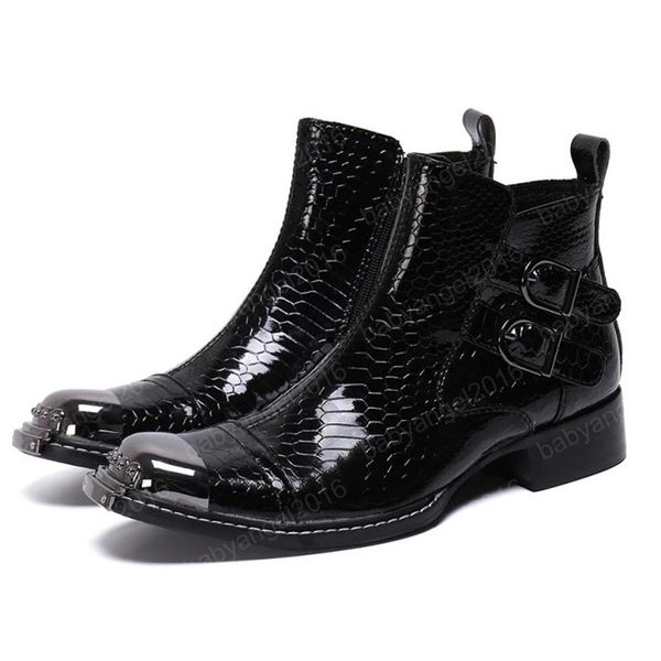 Luxus Metall Zehen Schnalle Riemen Alligator Muster Mann Schuhe Patent Leder Herren Mönch Riemen Motorrad Stiefeletten