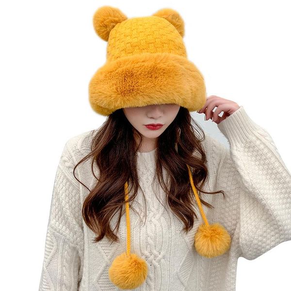 

sparsil knitted cotton beanies for women autumn winter solid soft fur ball skullies beanies warm ear protection tether basin hat, Blue;gray