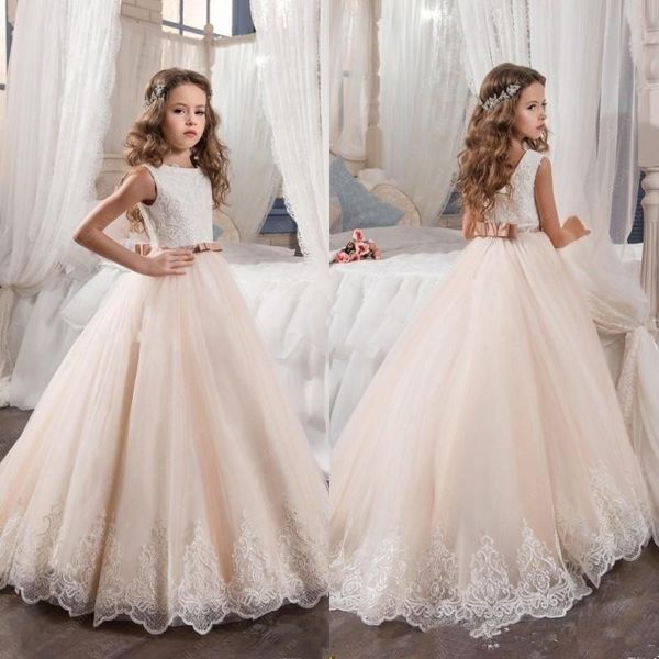 Vestidos elegantes para daminhas de flores para casamentos rosa blush feito sob medida Princesa com lantejoulas apliques laço de renda para crianças vestidos de primeira comunhão LJ201111