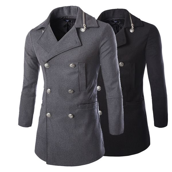 

2020 fashions casual male wool mixes low-cut with double-designed zipper breasted men's jacket long outward coats, Black;brown