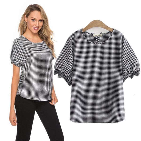 

2021 new large women's bow lantern sleeve thin round neck short sleeve plaid t-shirt drop shipping, White;black