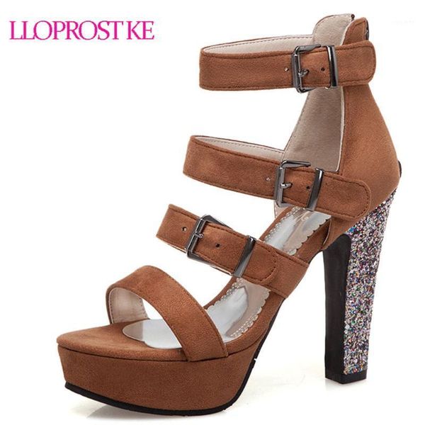 

lloprost ke 2020 flock high heels platform shoes woman buckle zip summer office shoes women gladiator sandals big size 34-50 h971, Black