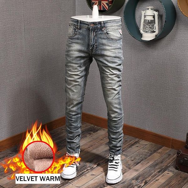

italian style fashion men jeans retro wash elastic slim fit vintage designer denim pants hombre winter velvet warm long trousers, Blue