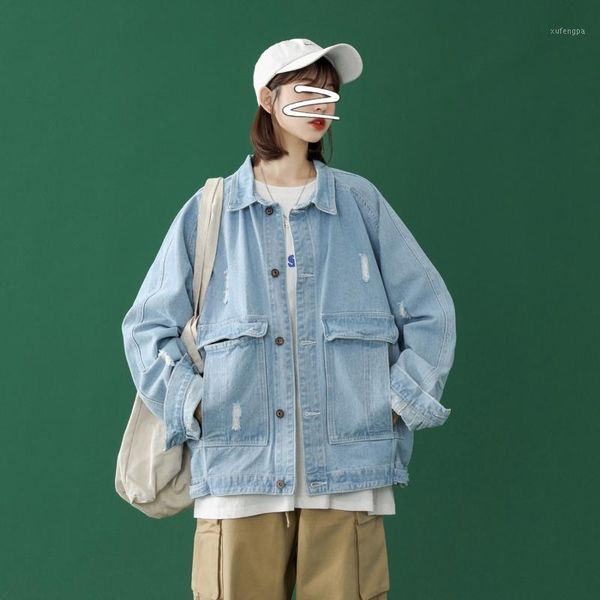 

japanese style vintage couples denim jacket turn-down collar loose washed denim coat 2020 autumn jean jacket for women and man1, Black;brown