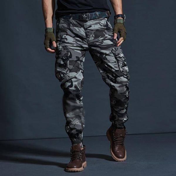 

fashion streetwear men jeans big pockets casual cargo pants slack bottom camouflage trousers hip hop joggers pants men, Blue