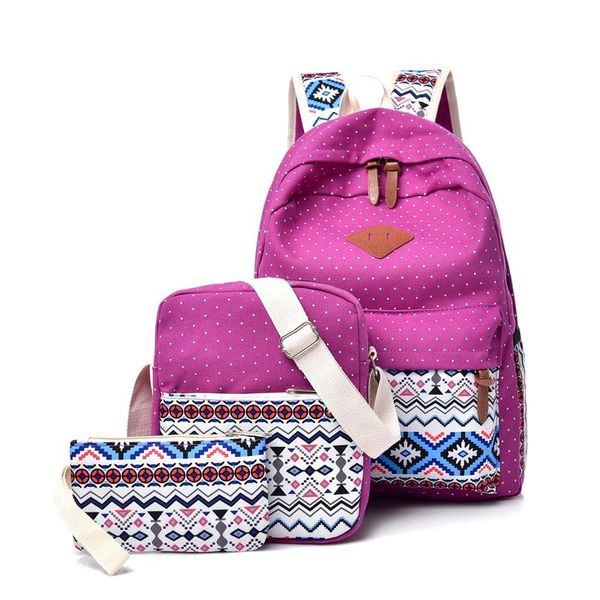 

ethnic canvas backpack geometric pattern schoolbags for boys girls 3pcs bag set with shoulder bags clutch bag blue grey purple
