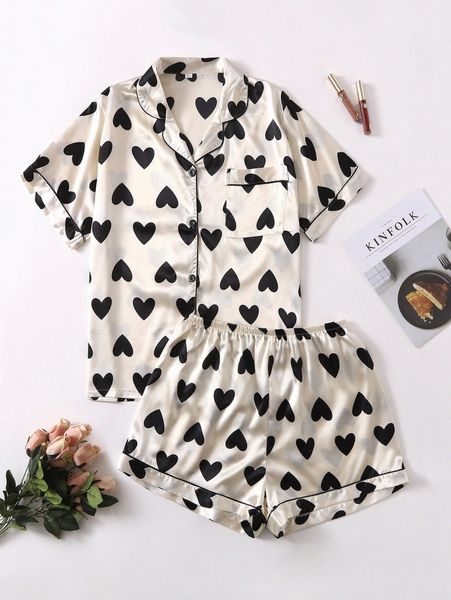 

plus allover heart print satin pajama set x0kr#, Black;white