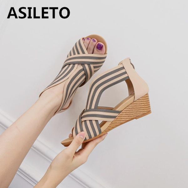 

asileto new 2021 ladies sandals open toe 5cm wedge heels zip stylish rome bohemian exotic soft comfort big size 36-42 b2360, Black
