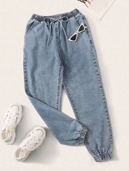

high waisted drawstring waist tapered jeans d6zn#, Blue