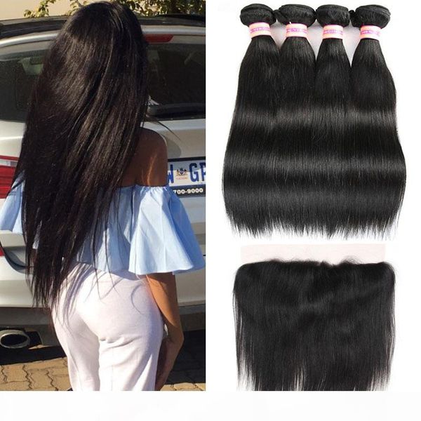 

malaysian peruvian indian brazilian virgin straight hair bundles with 13x4 closure human hair with ear to ear lace frontal closure, Black