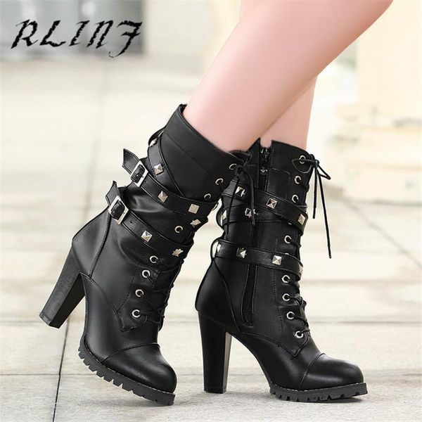 

rlinf new comfort side zip studs thick heel mid boots high heel lace women's boots1, Black