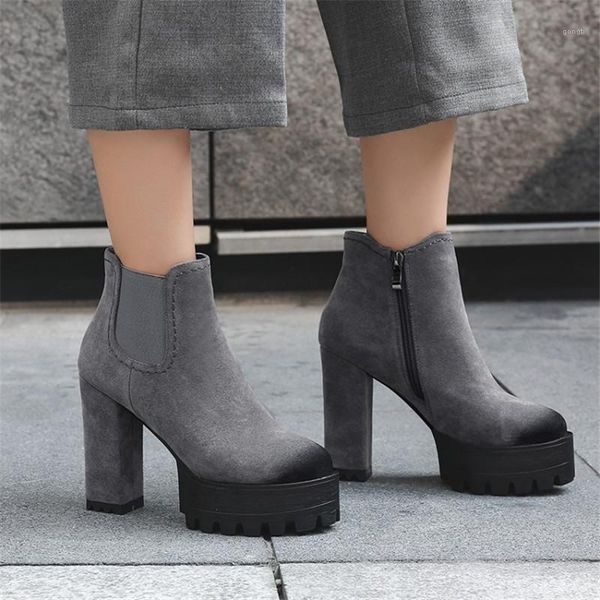 

boots pxelena 2021 rock punk gothic ankle women square chunky block high heels platform short lady shoes party dress 34-421, Black