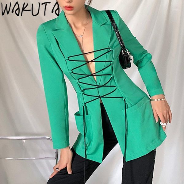 

wakuta solid lace up bandage blazer women autumn winter 2020 fashion high street chic jacket stylish pockets slim outwear1, White;black
