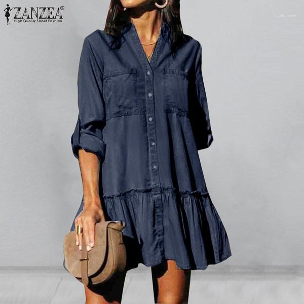 

womens autumn fashion mini dress party holiday v neck vestidos casual streetwear shirt robe zanzea denim blue ruffle dresses 5xl1, Black;gray