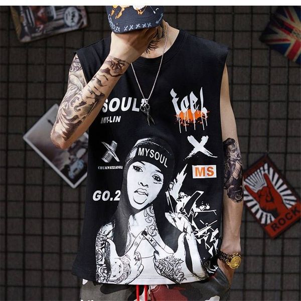 

hip hop tank punk print slim fit vest singlets bodybuilding tank shirt casual summer high street tank for male, White;black