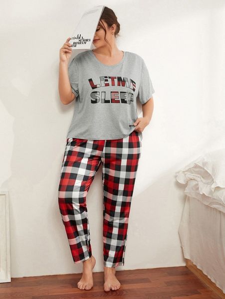 

plus slogan graphic tee & plaid print sleep pants u4ny#, Black;white