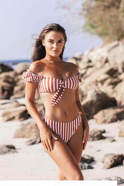

women swimwear bikinis sets summer beach stripe print puff sleeve two-piece swimsuits swimming bathing suits swim beachwear for women, White;black