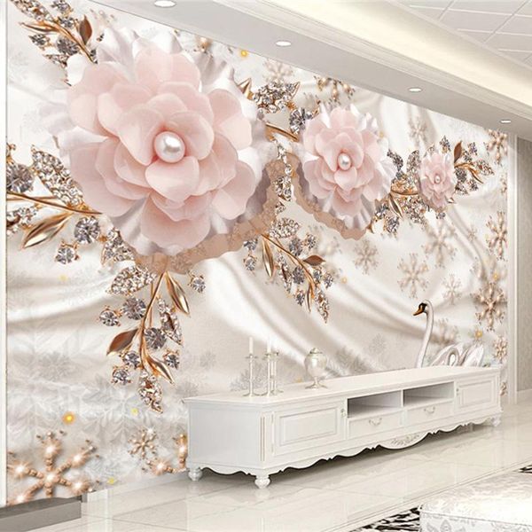 

custom any size mural wallpaper european style luxury swan jewelry pink flowers wall paper living room self-adhesive 3d stickers