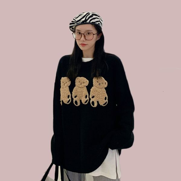 

2021 new wife cartoon woman standard teddy bear oversize crocheted female loose casual korean winter sweater jumper tz66, White;black