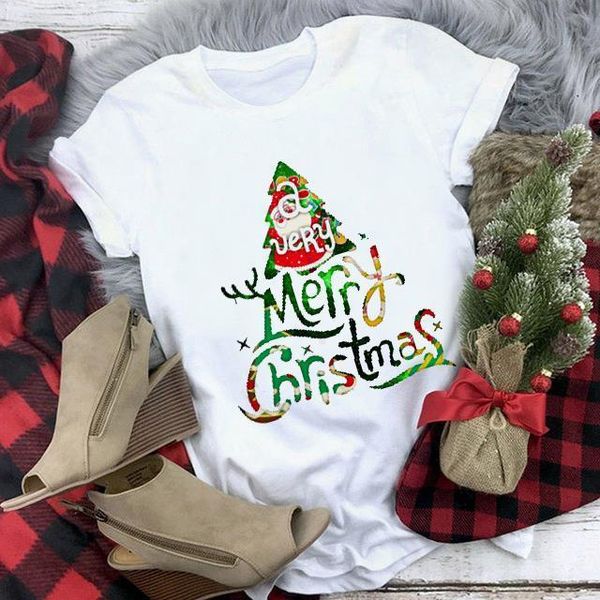

merry chirstmas lettes woman t shirt fashion tshirt ladies funny santa claus print t-shirt girls cartoon short sleeve, White
