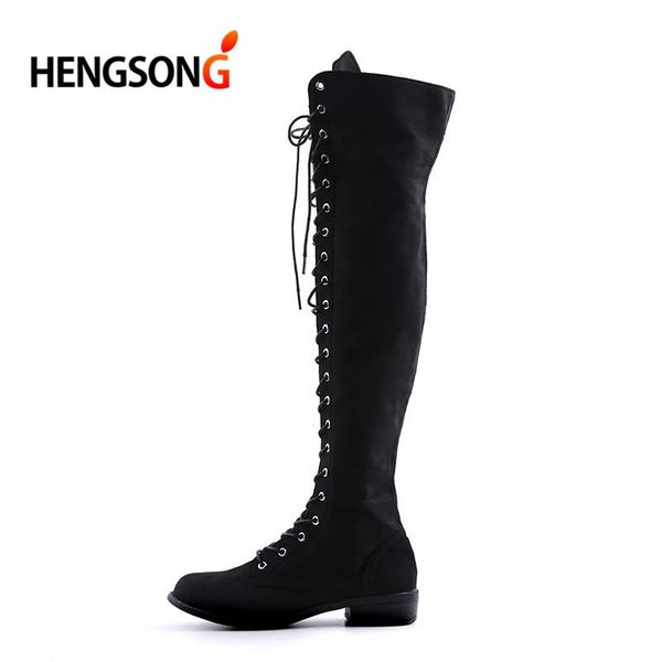 

hengsong lace up over knee boots women boots flats shoes woman square heel rubber flock botas winter plus size 34-43, Black