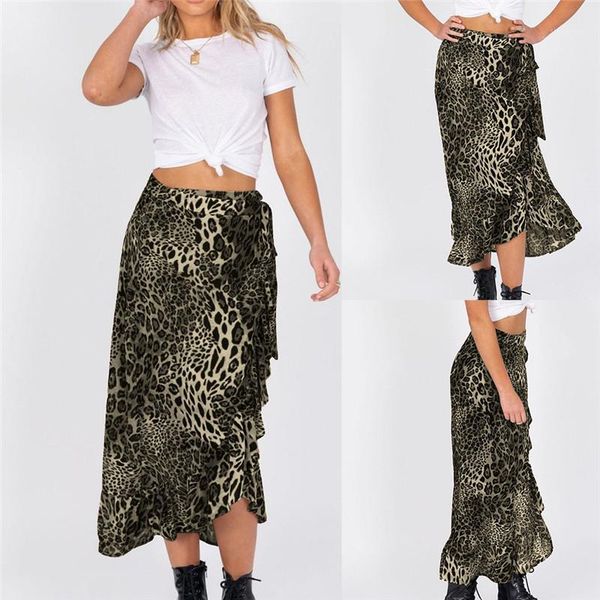 

multicolors 2020 summer skirts fashion women leopard print elastic waist bandage ruffles hem casual skirt maxi long skirts @c1, Black