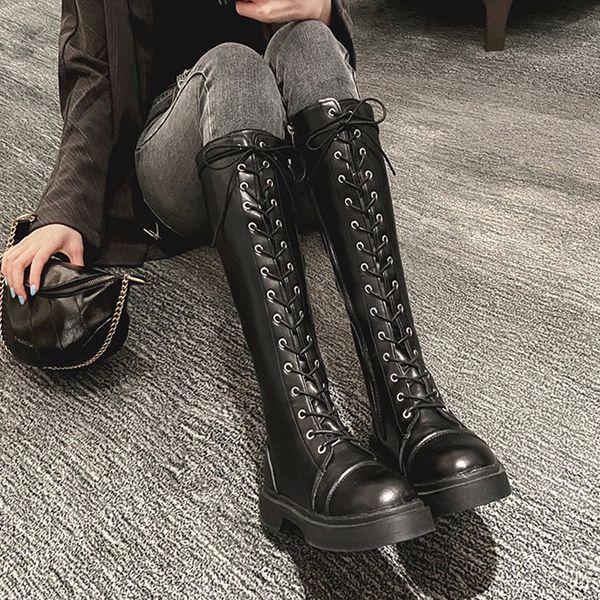 

rimocy fashion british style knee-high boots women soft comfortable side zipper lace up shoes female slim warm woman boots y1221, Black