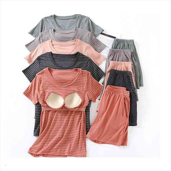

pijama mujer modal striped sleepwear set short sleeve cotton homewear pajamas bra padded night suit pyjamas women, Black;red