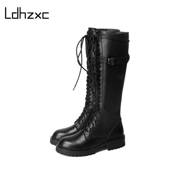 

ldhzxc vintage cross tied knee high boots genuine leather new round toe chunky heels motorcycle boots party basic shoes woman, Black