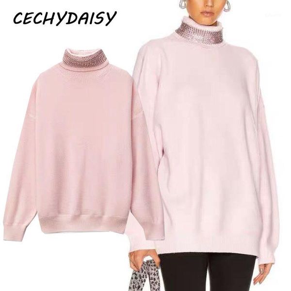 

pink sweaters pullovers 2020 autumn winter women casual solid turtleneck oversize diamond knitted jumper clothes ropa mujer1, White;black